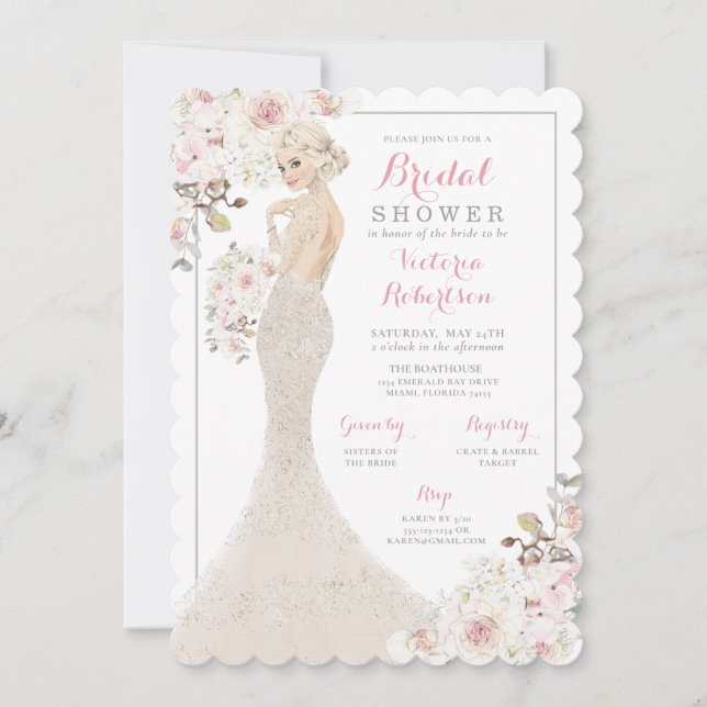 Blonde Glam Bride in Gown Bridal Shower Invitation (Front)