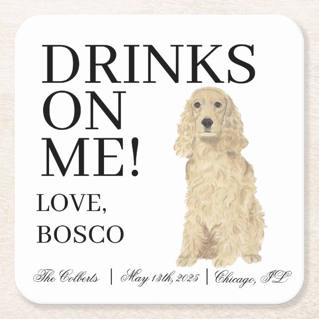 Blonde Golden Cocker Spaniel Dog Wedding Square Paper Coaster (Front)