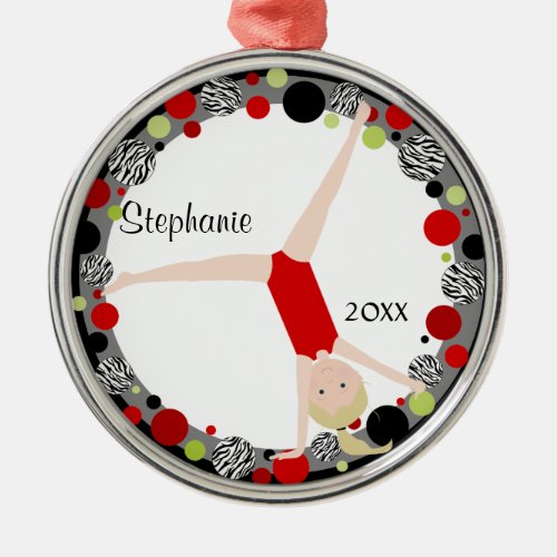 Blonde Gymnast in Red Black  Green Personalized Metal Ornament