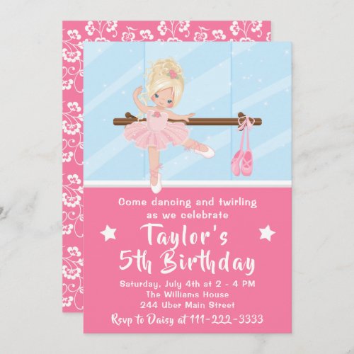 Blonde Hair Ballerina in Pink Tutu Birthday Invitation