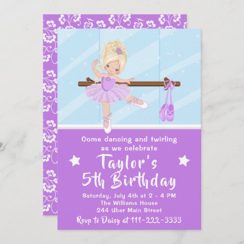 Blonde Hair Ballerina in Purple Tutu Birthday Invi Invitation
