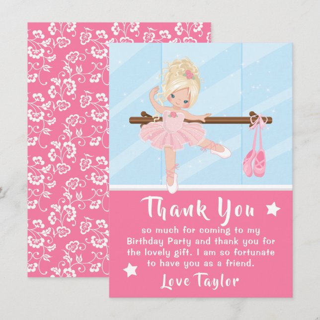 Blonde Hair Ballerina Pink Birthday Thank You Card (Front/Back)