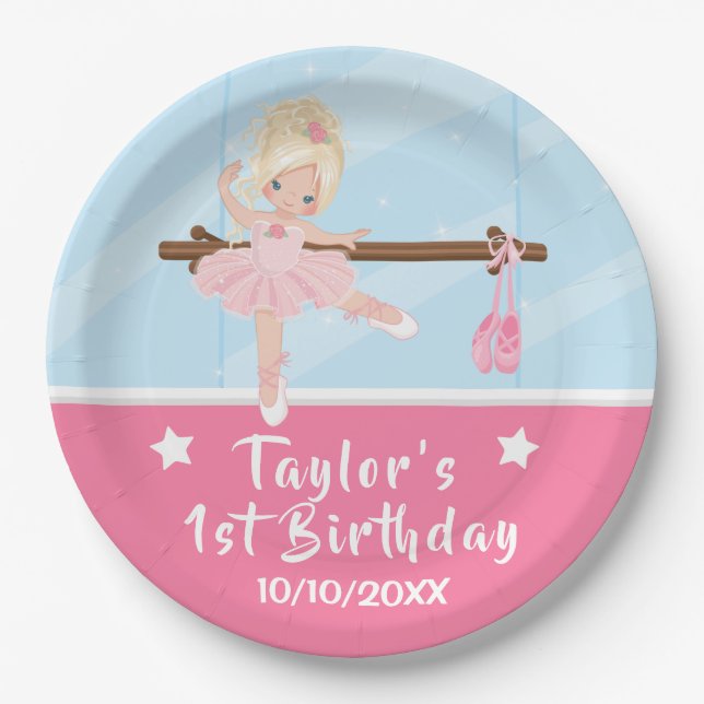 Blonde Hair Ballerina Pink Tutu Birthday Paper Pla Paper Plates (Front)
