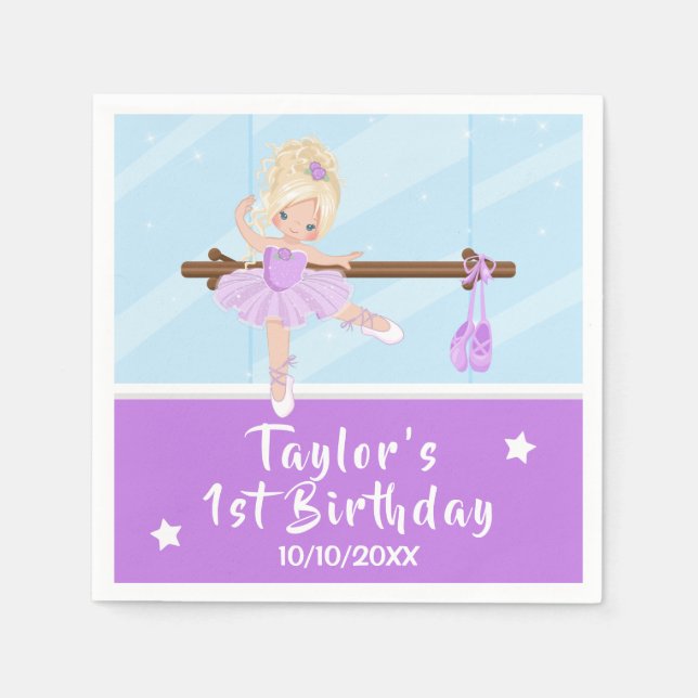 Blonde Hair Ballerina Purple Tutu Birthday Napkins (Front)