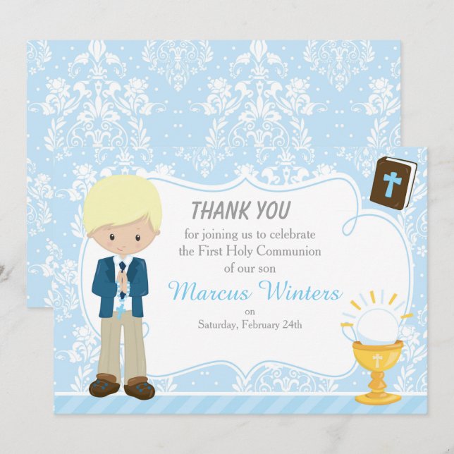 Blonde Hair Boy First Communion Damask Thank You Card (Front/Back)
