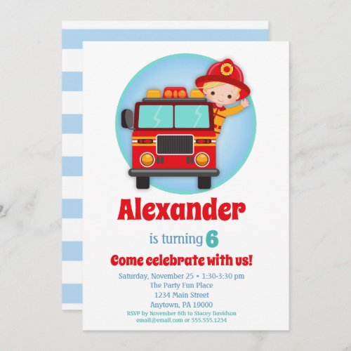 Blonde Hair Boys Firefighter Birthday Invitation