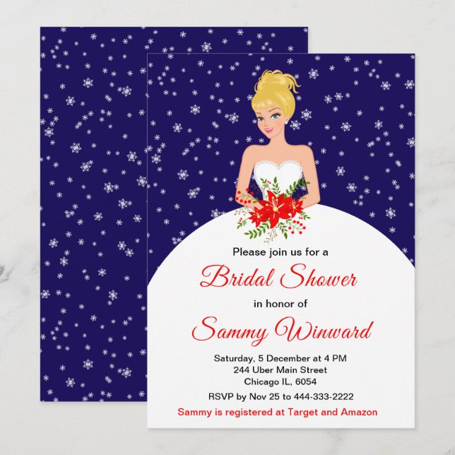 Blonde Hair Bride Snowflake Navy Bridal Shower Invitation (Front/Back)
