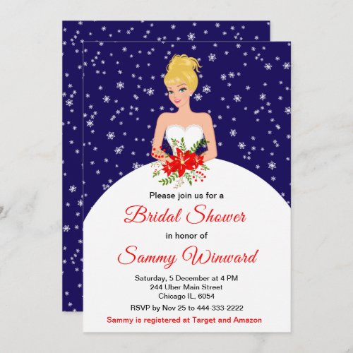 Blonde Hair Bride Snowflake Navy Bridal Shower Invitation