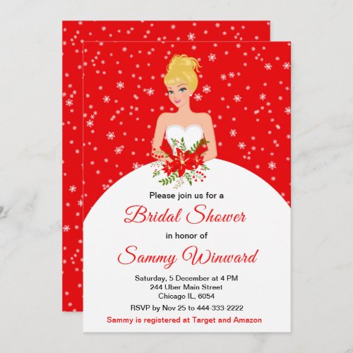 Blonde Hair Bride Snowflake Red Bridal Shower Invitation