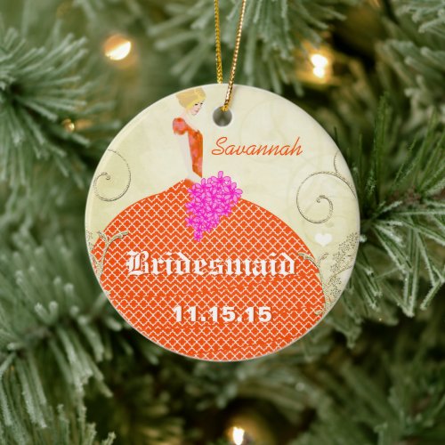 Blonde Hair Bridesmaid Favors Orange and Pink Ceramic Ornament