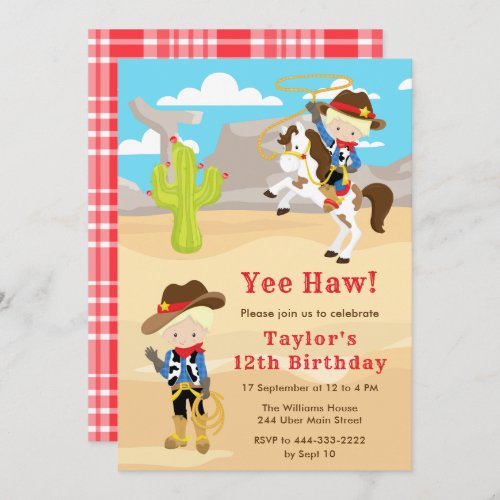 Blonde Hair Cowboy Birthday Party Invitation