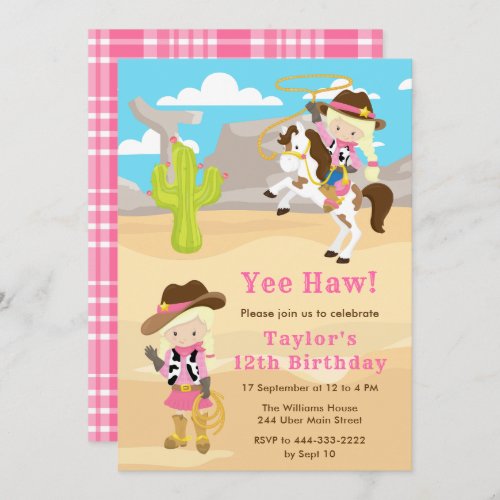 Blonde Hair Cowgirl Birthday Party Invitation