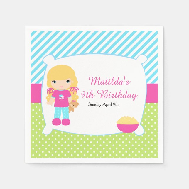 Blonde Hair Girl Sleepover Slumber Party Napkins (Front)