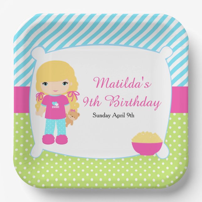 Blonde Hair Girl Sleepover Slumber Party Paper Plates (Front)