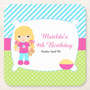 Blonde Hair Girl Sleepover Slumber Party Square Paper Coaster