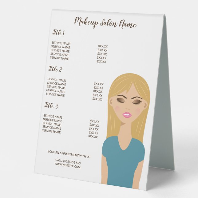 Blonde Hair Girl With Makeup - Makeup Artist Menu Table Tent (Front)