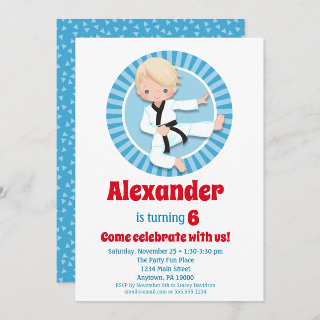 Blonde Hair Karate Judo Boys Birthday Invitation (Front/Back)