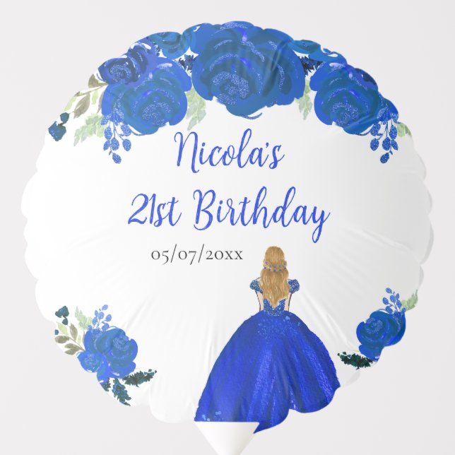 Blonde Hair Princess Blue Floral Birthday  Balloon (Front)