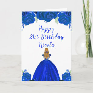 Blonde Hair Princess Blue Floral Birthday Party Card