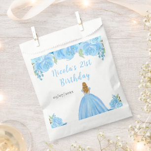 Blonde Hair Princess Blue Floral Birthday Party Favor Bag