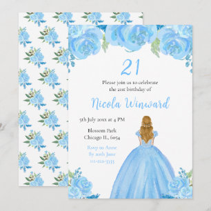 Blonde Hair Princess Blue Floral Birthday Party Invitation