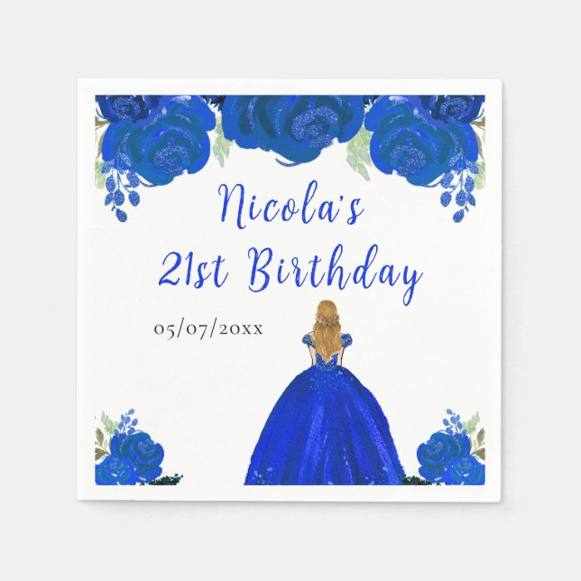 Blonde Hair Princess Blue Floral Birthday Party Napkins (Front)