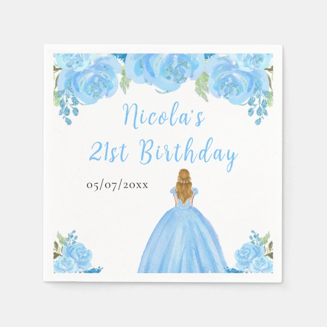 Blonde Hair Princess Blue Floral Birthday Party Napkins (Front)