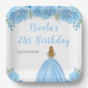 Blonde Hair Princess Blue Floral Birthday Party Paper Plates