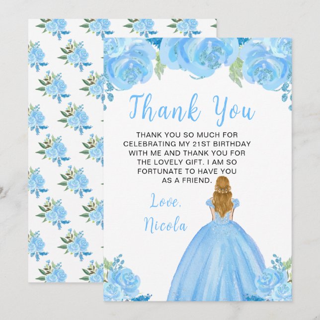 Blonde Hair Princess Blue Floral Birthday Party Thank You Card (Front/Back)