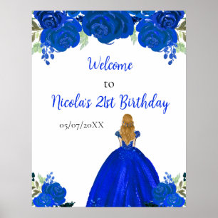 Blonde Hair Princess Blue Floral Birthday Welcome Poster