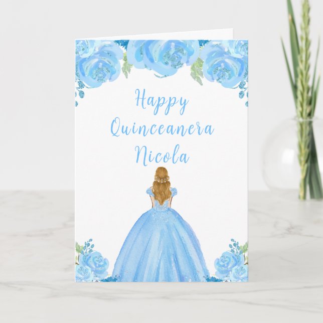 Blonde Hair Princess Blue Floral Quinceanera Card (Front)
