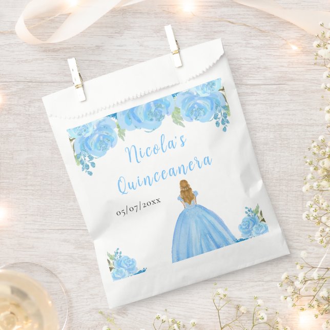 Blonde Hair Princess Blue Floral Quinceanera Favor Bag (Clipped)