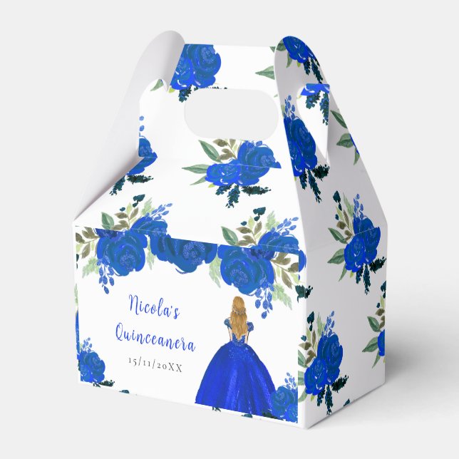 Blonde Hair Princess Blue Floral Quinceanera Favor Boxes (Front Side)