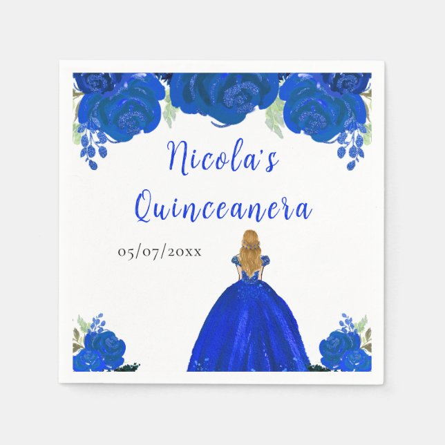 Blonde Hair Princess Blue Floral Quinceanera Napkins (Front)