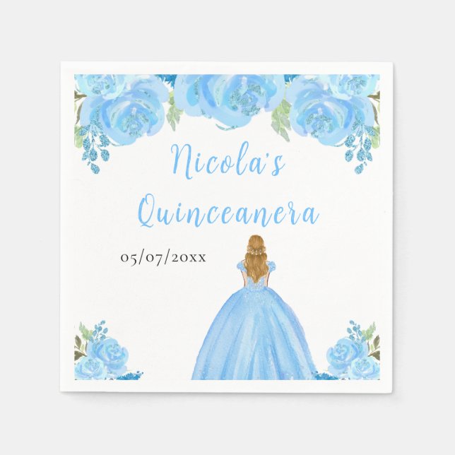 Blonde Hair Princess Blue Floral Quinceanera Napkins (Front)