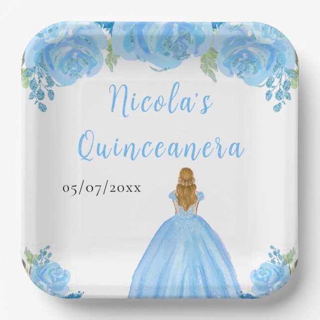 Blonde Hair Princess Blue Floral Quinceanera Paper Plates (Front)