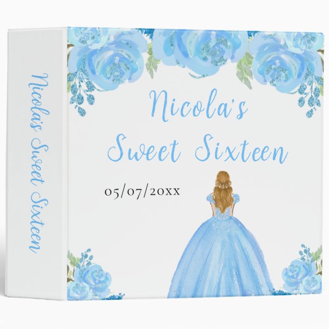 Blonde Hair Princess Blue Floral Sweet Sixteen 3 Ring Binder (Front/Spine)
