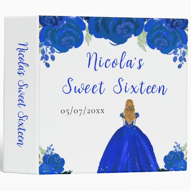 Blonde Hair Princess Blue Floral Sweet Sixteen 3 Ring Binder (Front/Spine)