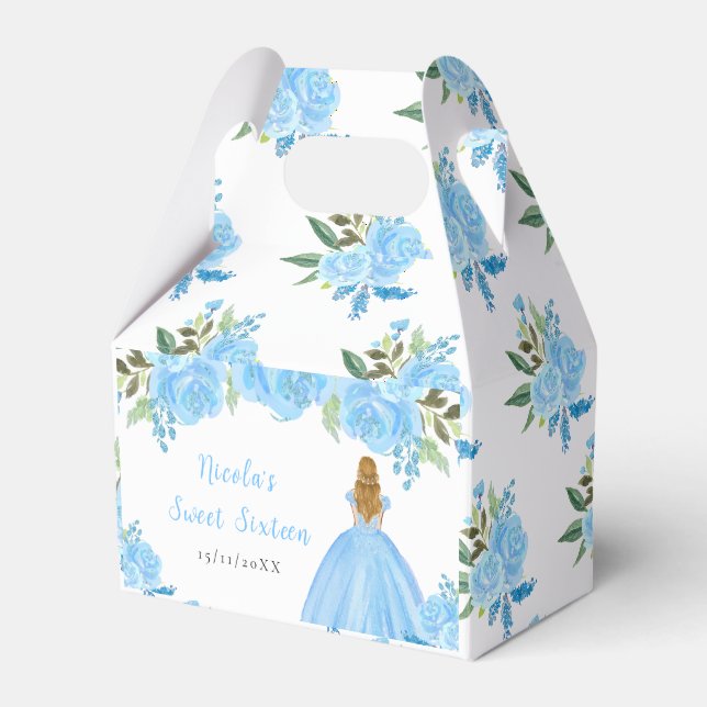 Blonde Hair Princess Blue Floral Sweet Sixteen Favor Boxes (Front Side)