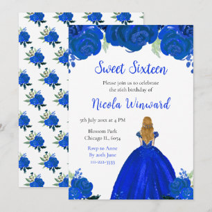 Blonde Hair Princess Blue Floral Sweet Sixteen Invitation
