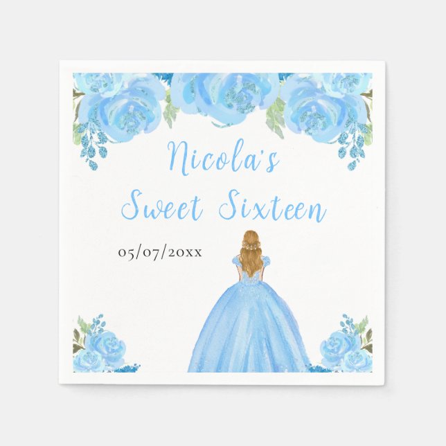 Blonde Hair Princess Blue Floral Sweet Sixteen  Napkins (Front)