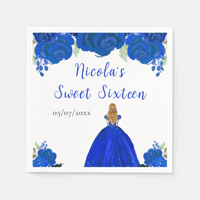 Blonde Hair Princess Blue Floral Sweet Sixteen  Napkins (Front)