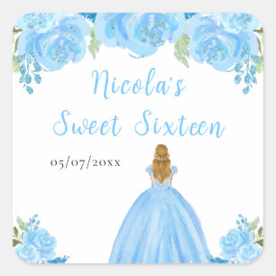 Blonde Hair Princess Blue Floral Sweet Sixteen Square Sticker