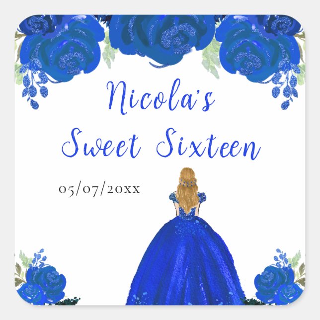 Blonde Hair Princess Blue Floral Sweet Sixteen  Square Sticker (Front)