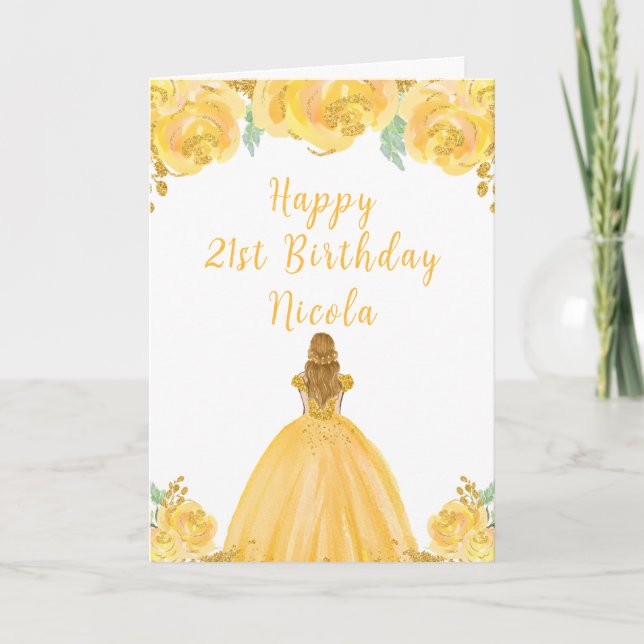 Blonde Hair Princess Gold Floral Birthday Party Card (Front)