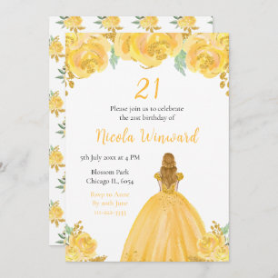 Blonde Hair Princess Gold Floral Birthday Party Invitation