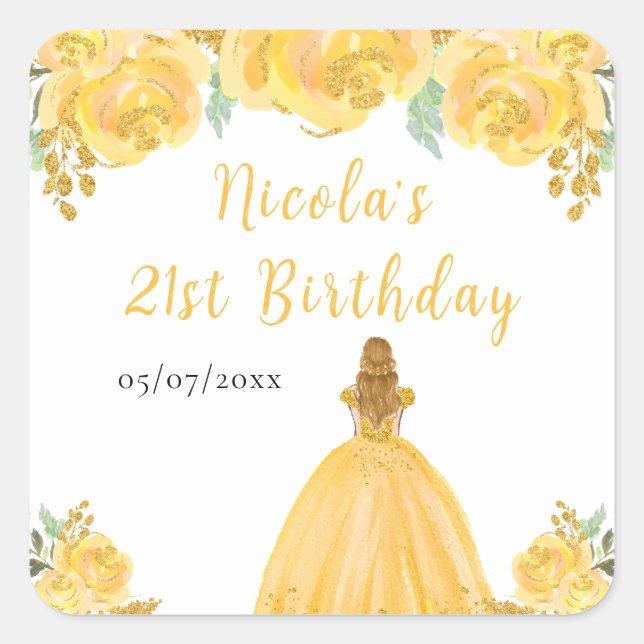Blonde Hair Princess Gold Floral Birthday Party Square Sticker (Front)