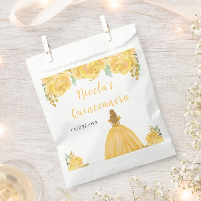 Blonde Hair Princess Gold Floral Quinceanera Favor Bag (Clipped)