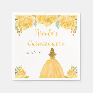 Blonde Hair Princess Gold Floral Quinceanera Napkins