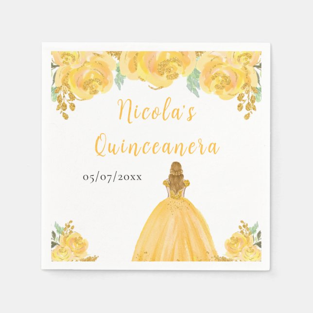 Blonde Hair Princess Gold Floral Quinceanera Napkins (Front)